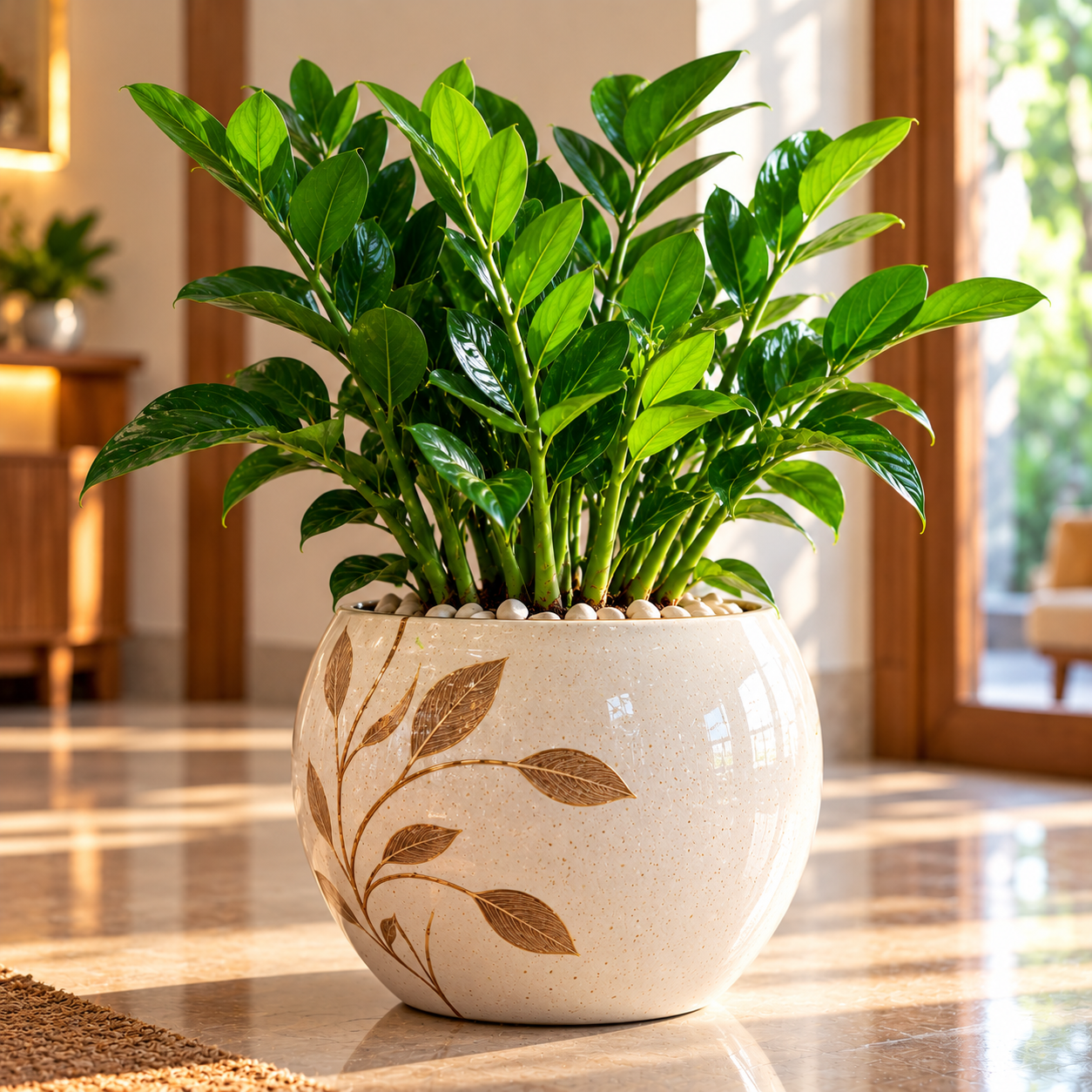 Glossy ZZ Plant In Ceramic Pot - Annapurna Agro Farm
