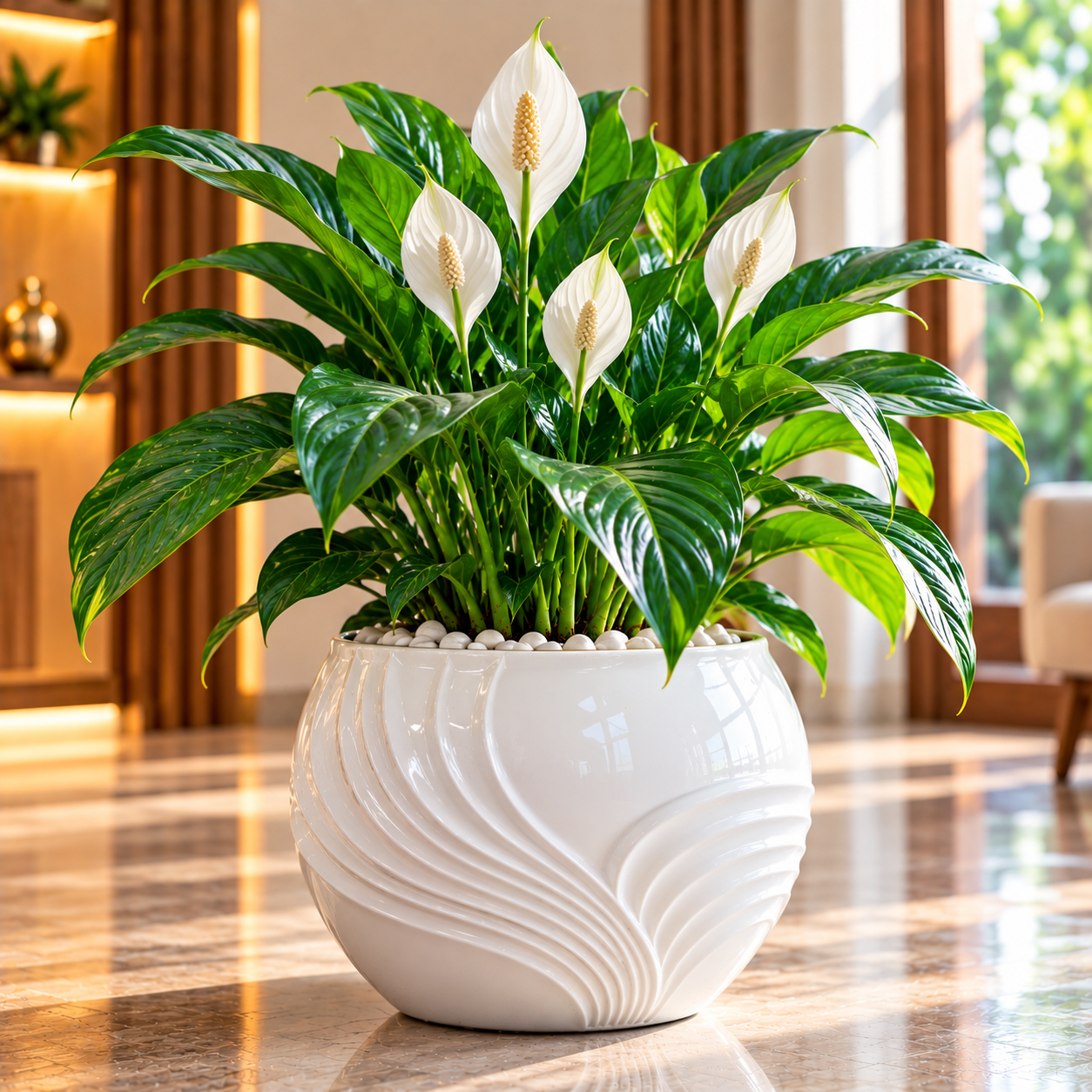 Peace Lily In Sculpted White Planter - Annapurna Agro Farm